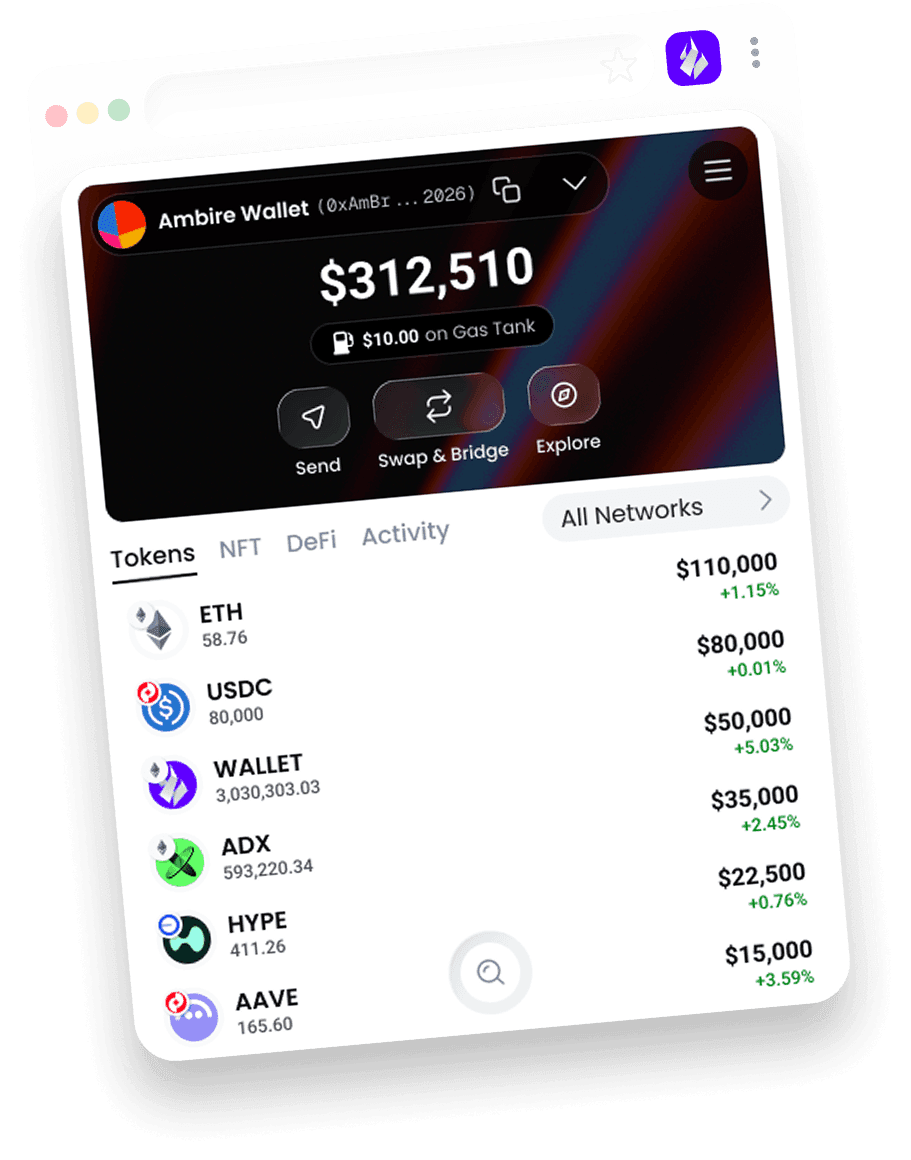 The Ambire Wallet extension showing a portfolio of tokens